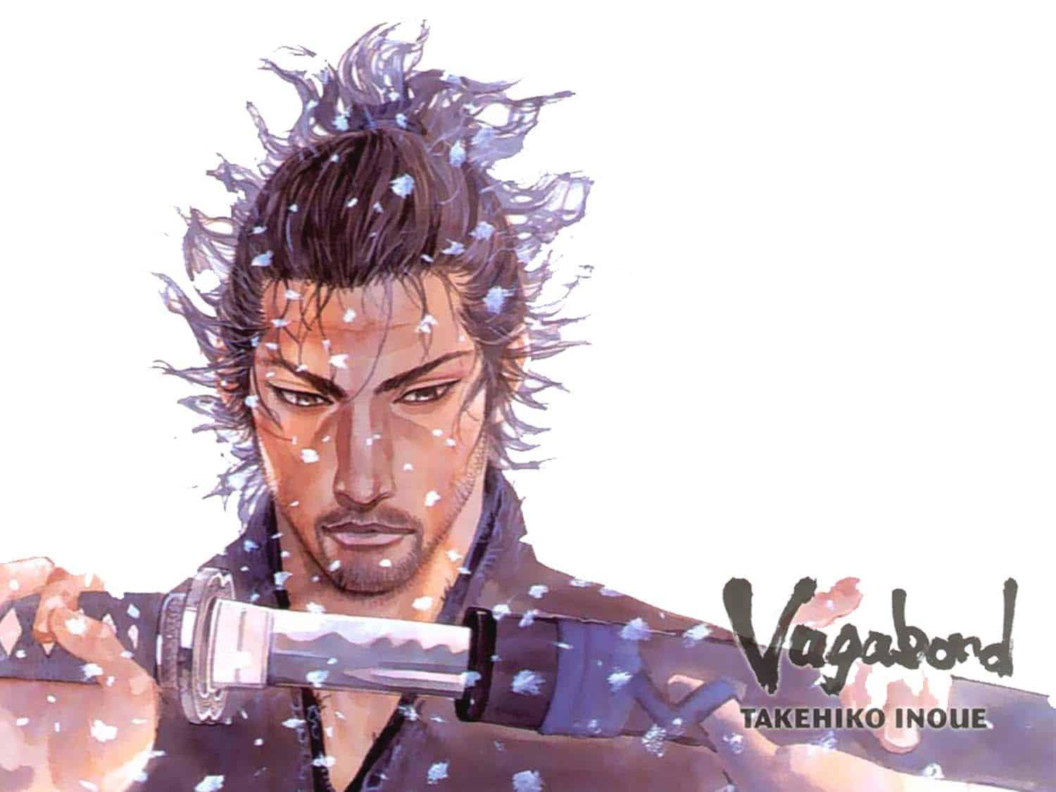 Ilustração de Takehiko Inoue: Shinmen Takezo na capa do mangá Vagabond, em que o jovem irá se tornar o famoso Myamoto Musashi