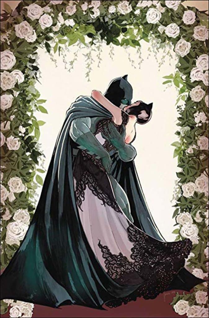 Capa da revista Batman #50 da DC Comics com o Batman e a Mulher Gato casando - versão sem texto