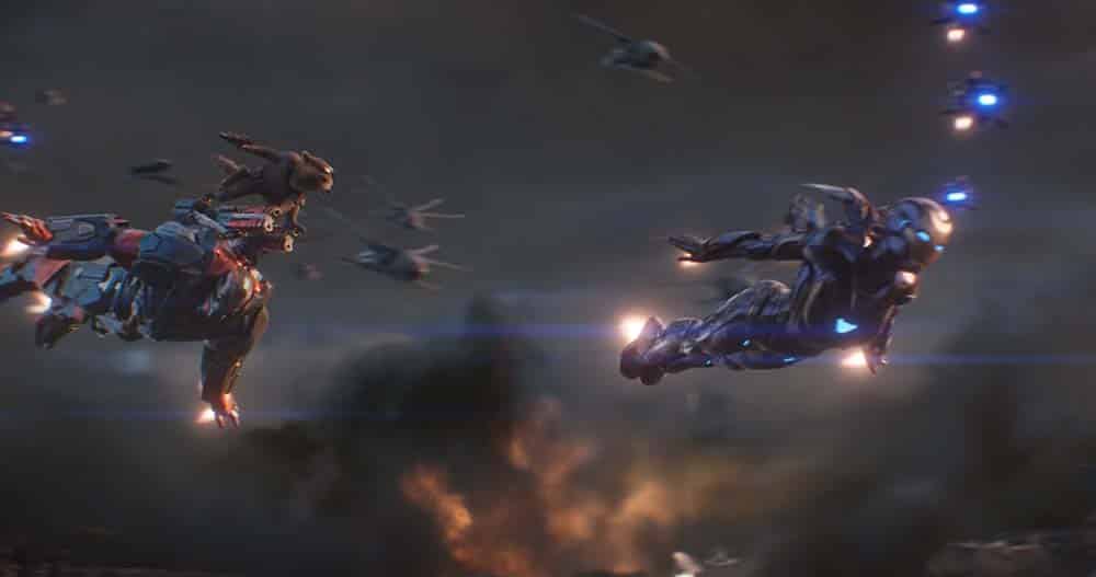 Marvel Studios' AVENGERS: ENDGAME..L to R: War Machine (Don Cheadle), Rocket (voiced by Bradley Cooper) and Pepper Potts in Resue Suit (Gwyneth Paltrow)..Photo: Film Frame..©Marvel Studios 2019